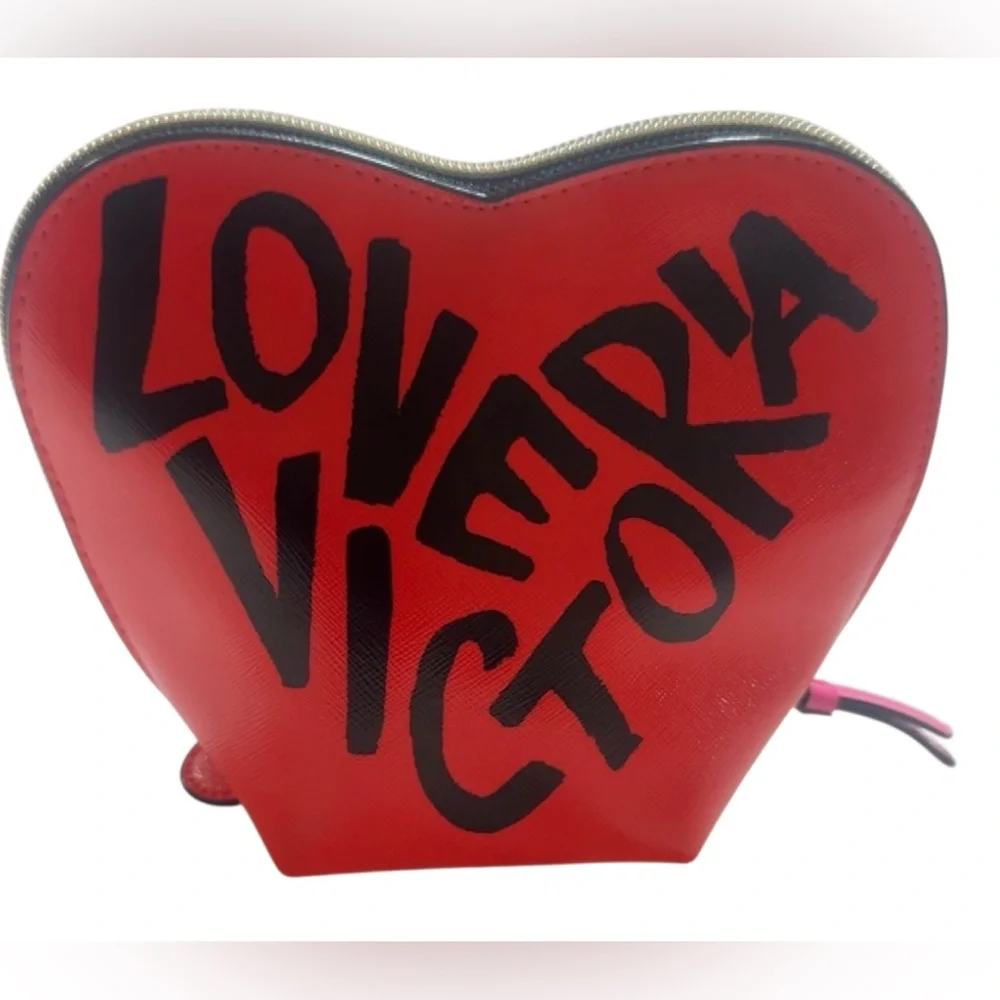 Victoria's Secret Love Victoria Heart Shaped Graffiti Cosmetic Bag RED/PINK NWOT - Picture 6 of 7